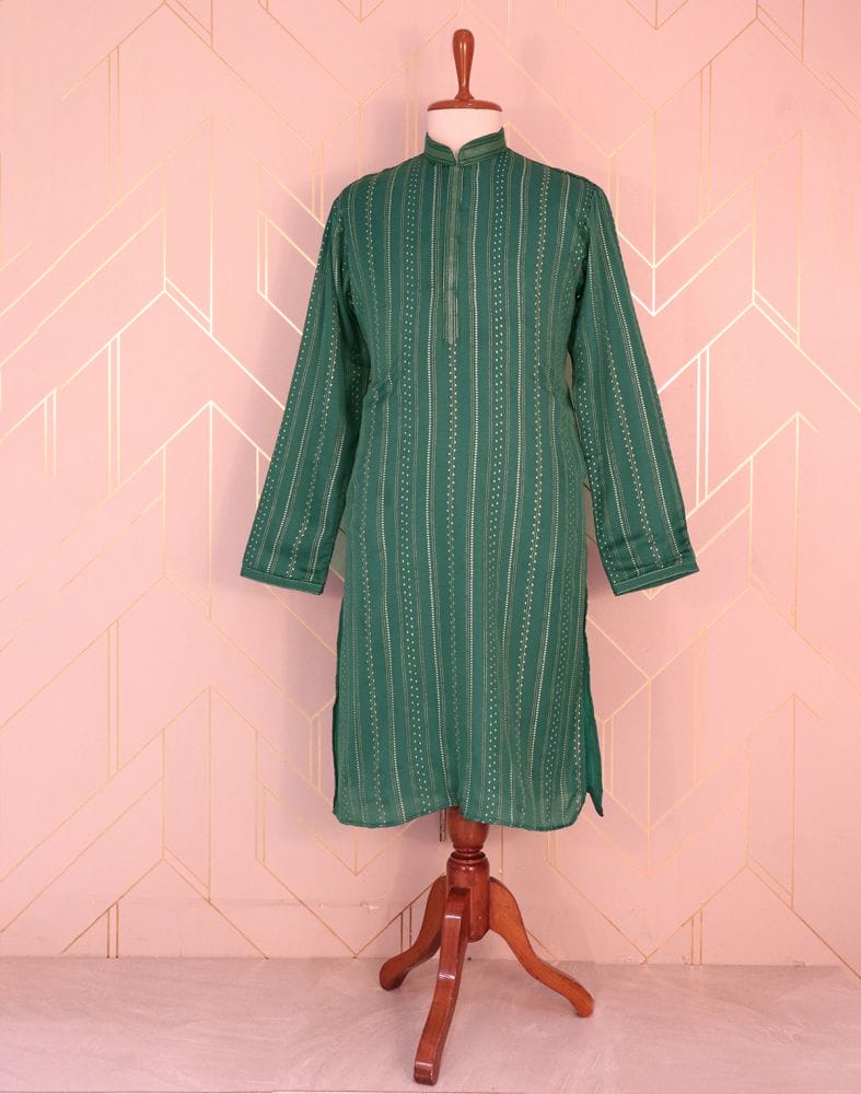 Collection of Green Striped Mica Print Raw Silk Kurta Pyjama Set in a gallery layout