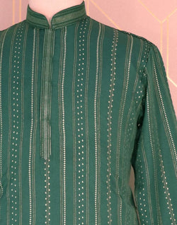 Collection of Green Striped Mica Print Raw Silk Kurta Pyjama Set in a gallery layout