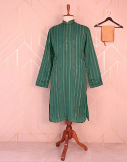 Collection of Green Striped Mica Print Raw Silk Kurta Pyjama Set in a gallery layout