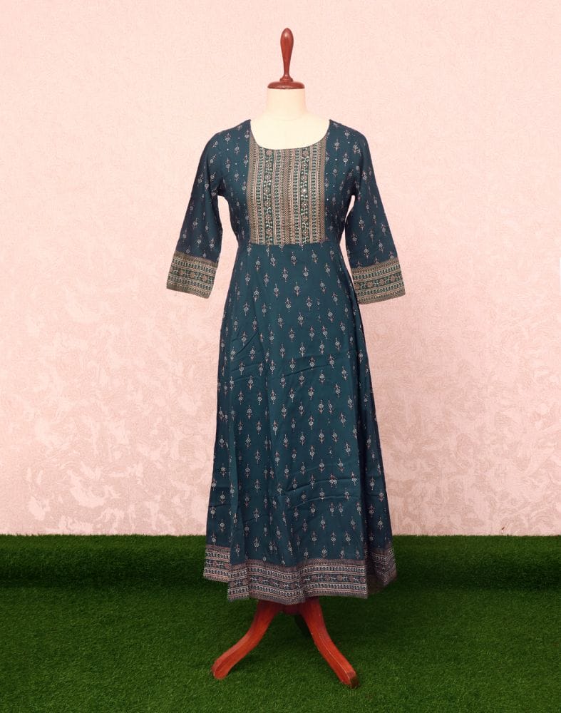 Collection of Peacock Blue Floral Mirror work Cotton Silk Kurti in a gallery layout