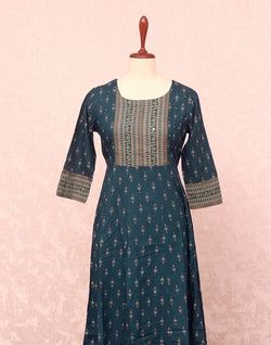 Collection of Peacock Blue Floral Mirror work Cotton Silk Kurti in a gallery layout