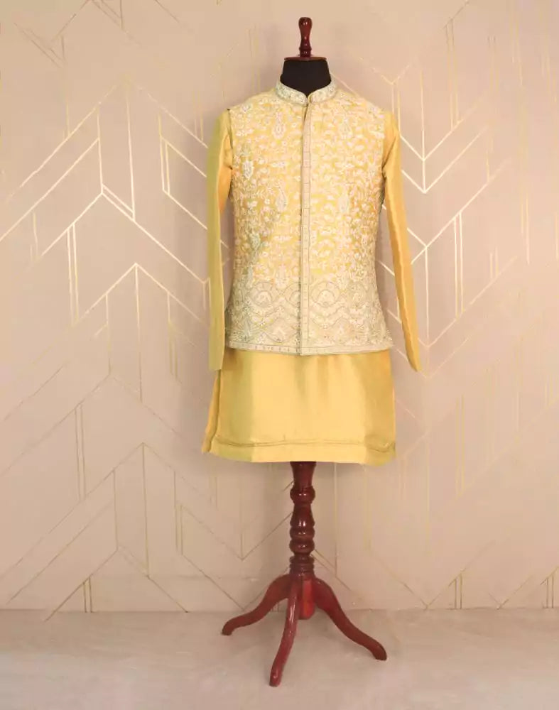 Fashionable Yellow Plain Cotton Silk Kurta Jacket Set