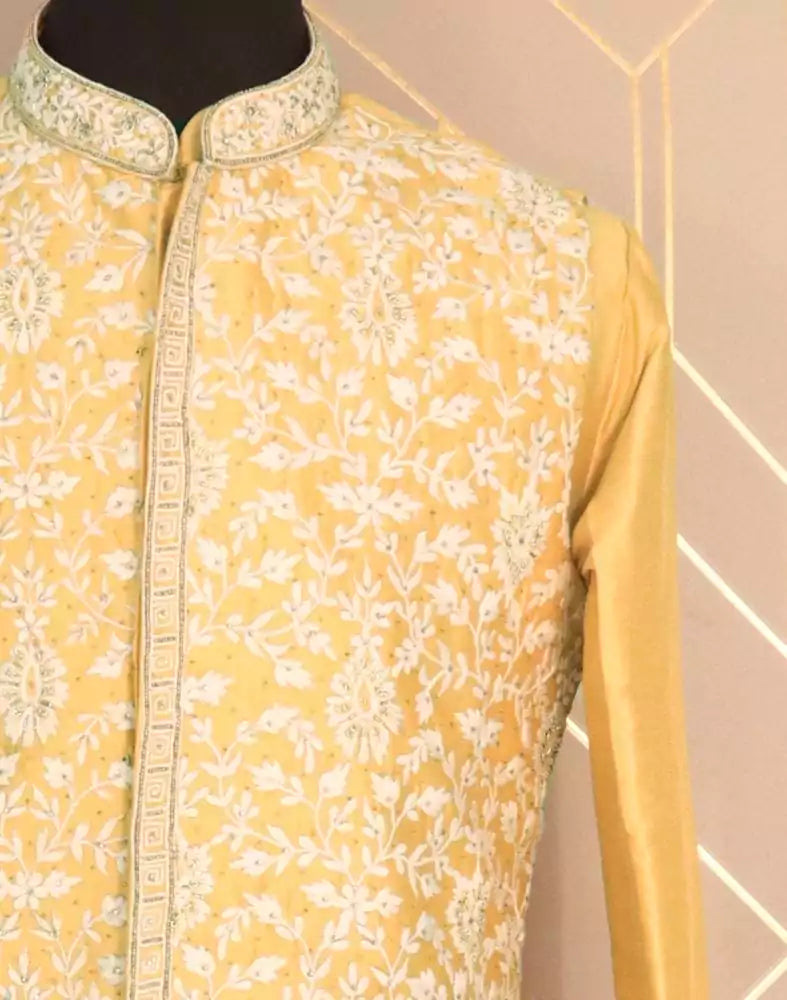 Fashionable Yellow Plain Cotton Silk Kurta Jacket Set