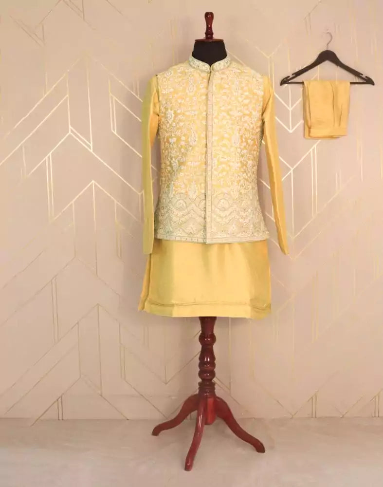 Fashionable Yellow Plain Cotton Silk Kurta Jacket Set