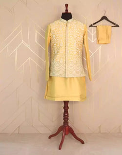 Collection of Fashionable Yellow Plain Cotton Silk Kurta Jacket Set in a gallery layout