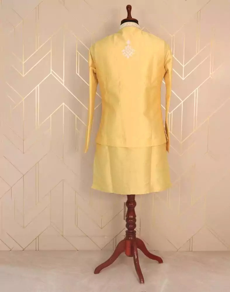 Collection of Fashionable Yellow Plain Cotton Silk Kurta Jacket Set in a gallery layout