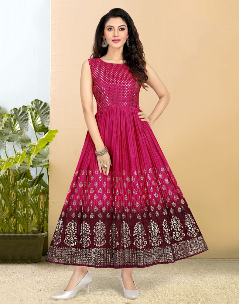 Magenta Coloured Embellished work Silk Fabric Kurti