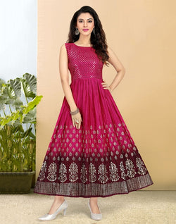 Collection of Magenta Coloured Embellished work Silk Fabric Kurti in a gallery layout