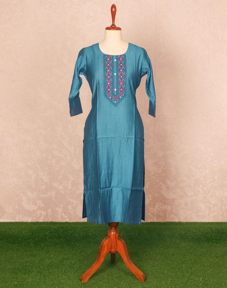 Peacock Blue Thread work Cotton Kurti