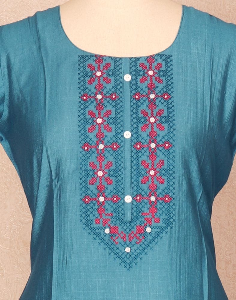 Peacock Blue Thread work Cotton Kurti