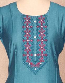 Collection of Peacock Blue Thread work Cotton Kurti in a gallery layout