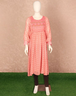 Collection of Peach Floral Print Georgette Kurti in a gallery layout