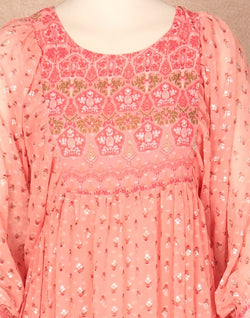 Collection of Peach Floral Print Georgette Kurti in a gallery layout