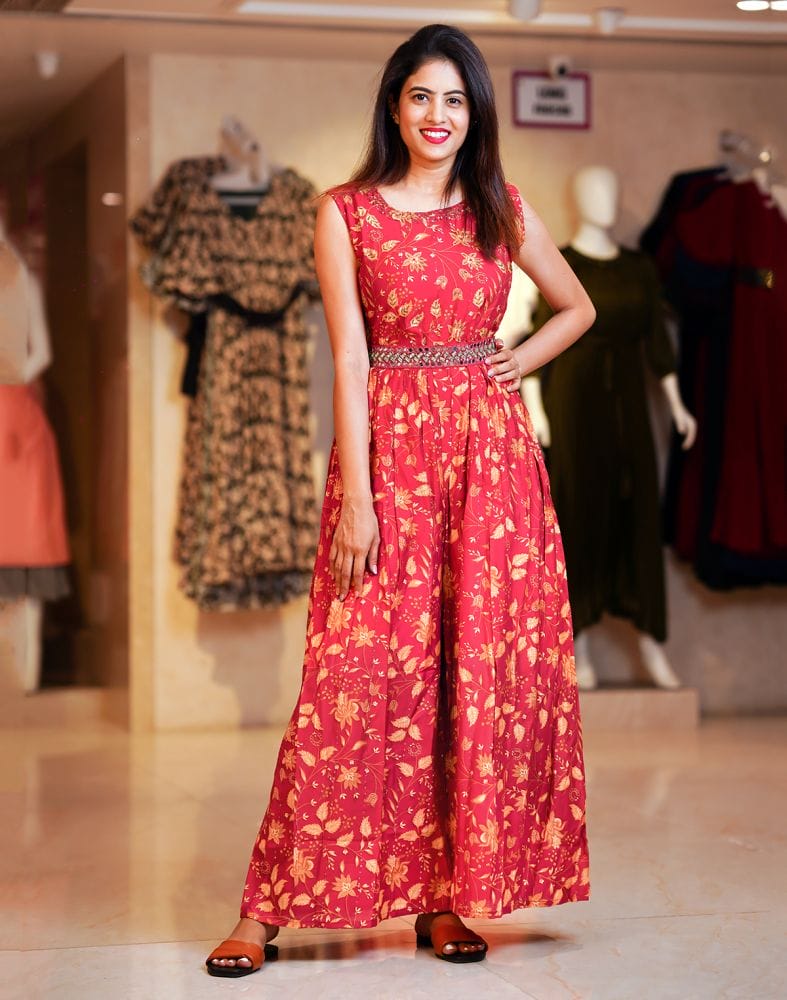 Collection of Red Floral Print Cotton Embellished work Jumpsuit with Belt in a gallery layout