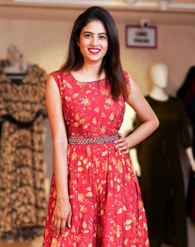 Collection of Red Floral Print Cotton Embellished work Jumpsuit with Belt in a gallery layout