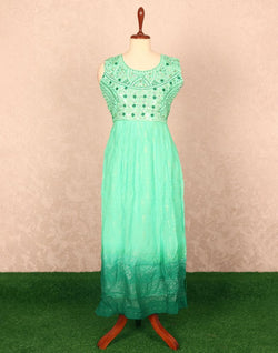 Collection of Sea Green Floral Mirror work Georgette Kurti in a gallery layout