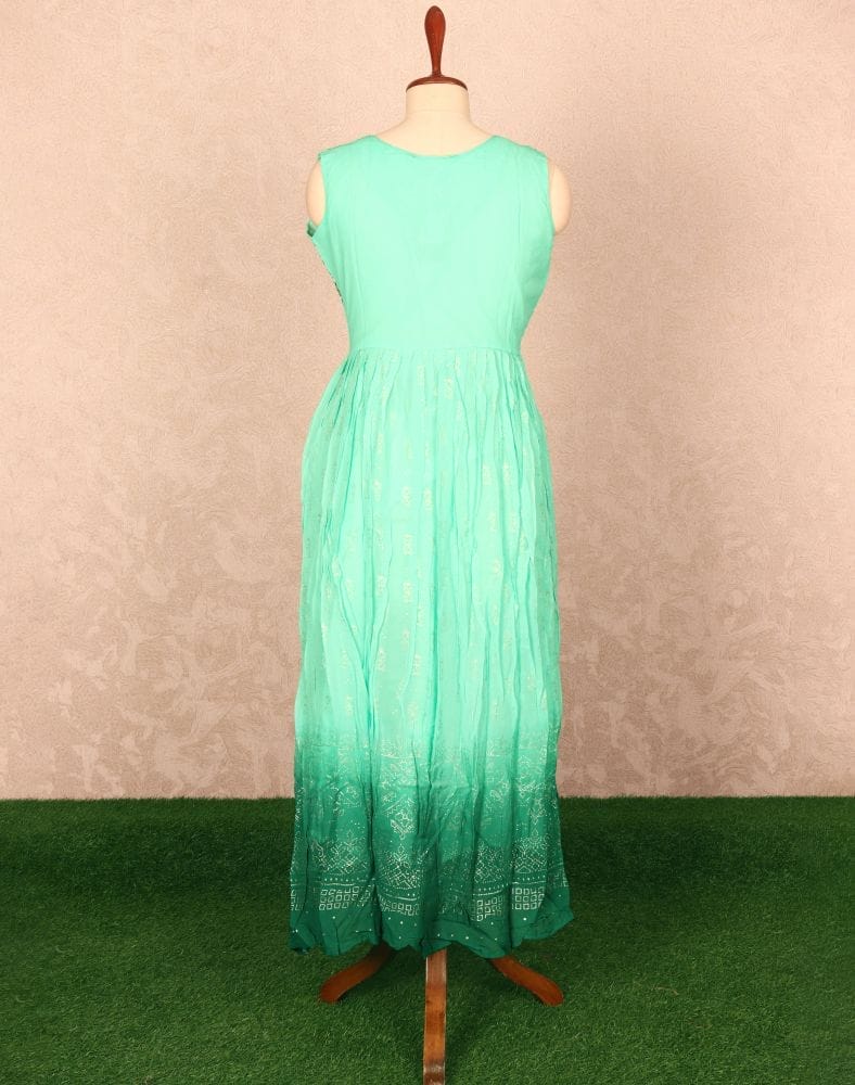 Collection of Sea Green Floral Mirror work Georgette Kurti in a gallery layout