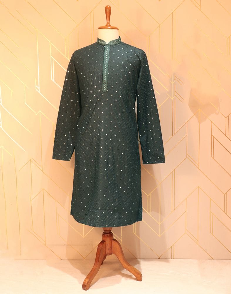 Collection of Dark Green Geometric Pattern Mirror Work Cotton Kurta Pyjama Set in a gallery layout