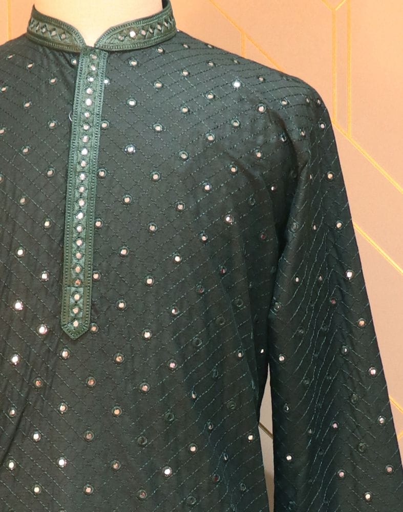 Collection of Dark Green Geometric Pattern Mirror Work Cotton Kurta Pyjama Set in a gallery layout