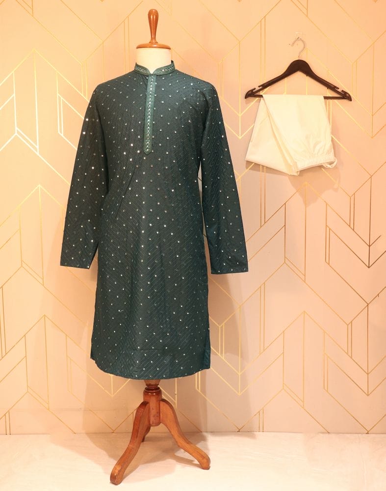 Collection of Dark Green Geometric Pattern Mirror Work Cotton Kurta Pyjama Set in a gallery layout