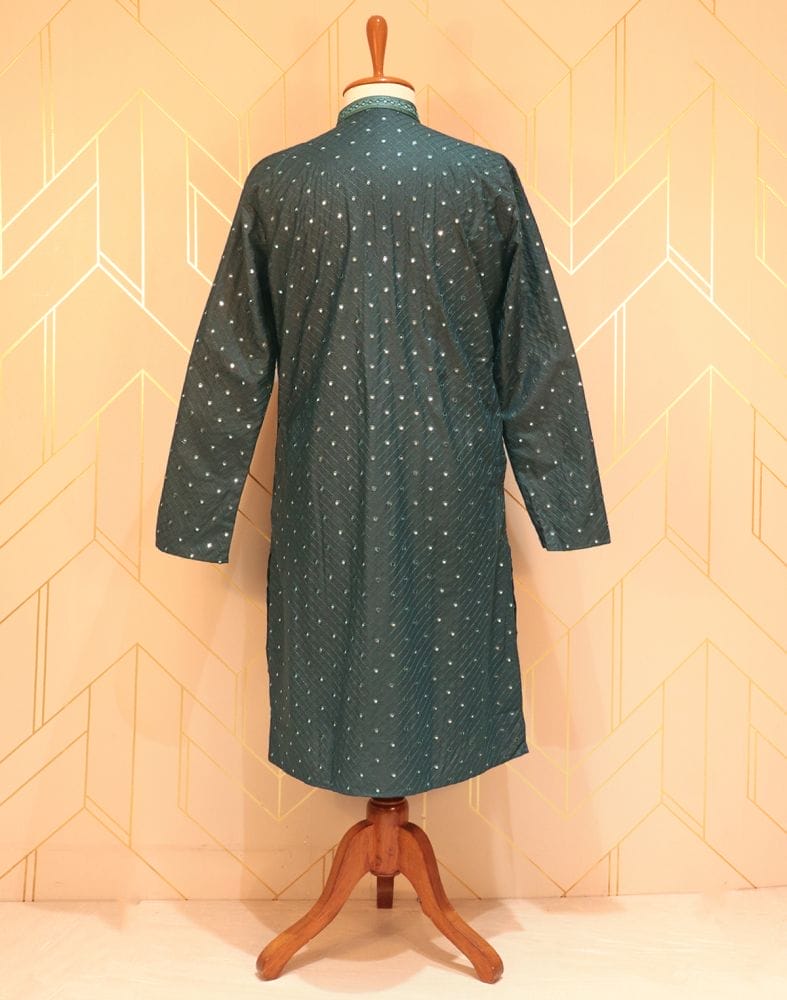 Collection of Dark Green Geometric Pattern Mirror Work Cotton Kurta Pyjama Set in a gallery layout