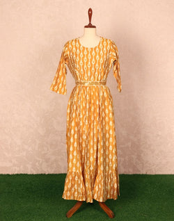 Collection of Mustard Striped Mirror work Cotton Silk Kurti in a gallery layout