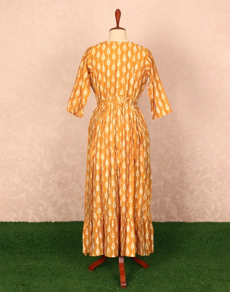 Mustard Striped Mirror work Cotton Silk Kurti