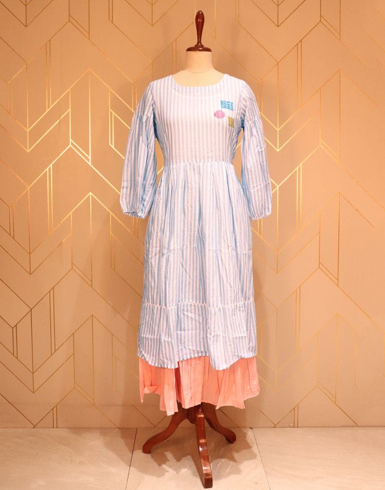 Light Blue Striped Thread Work Cotton Kurti