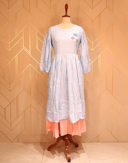 Collection of Light Blue Striped Thread Work Cotton Kurti in a gallery layout