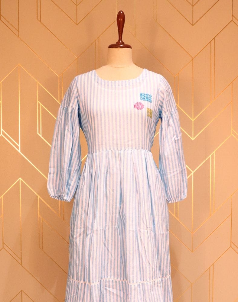 Collection of Light Blue Striped Thread Work Cotton Kurti in a gallery layout