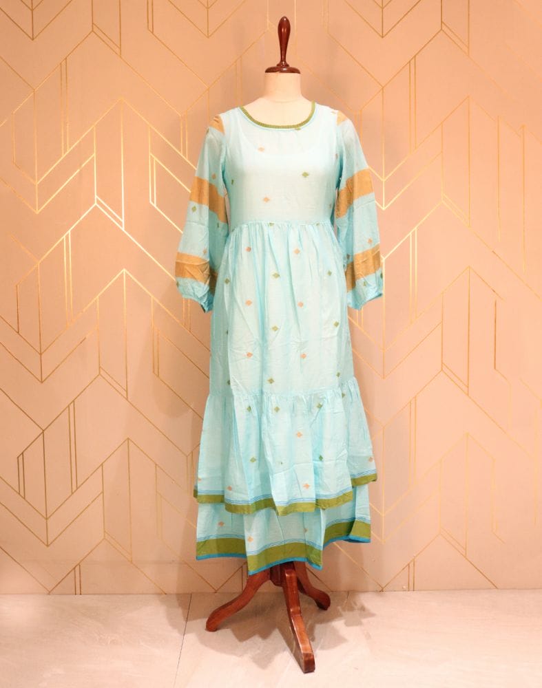 Turquoise Geometric Thread Work Cotton Kurti