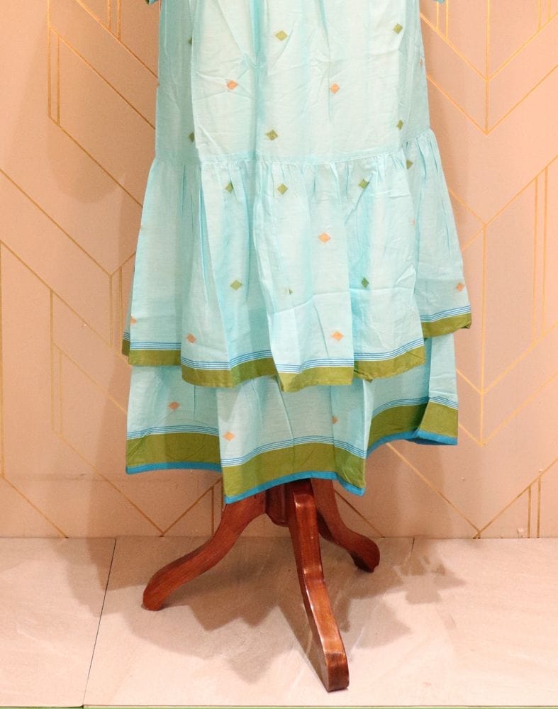 Turquoise Geometric Thread Work Cotton Kurti