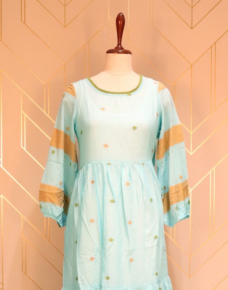 Collection of Turquoise Geometric Thread Work Cotton Kurti in a gallery layout