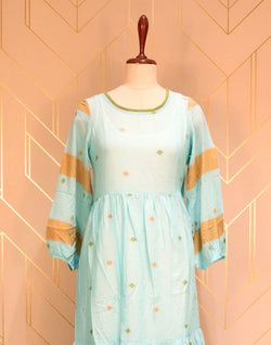 Collection of Turquoise Geometric Thread Work Cotton Kurti in a gallery layout