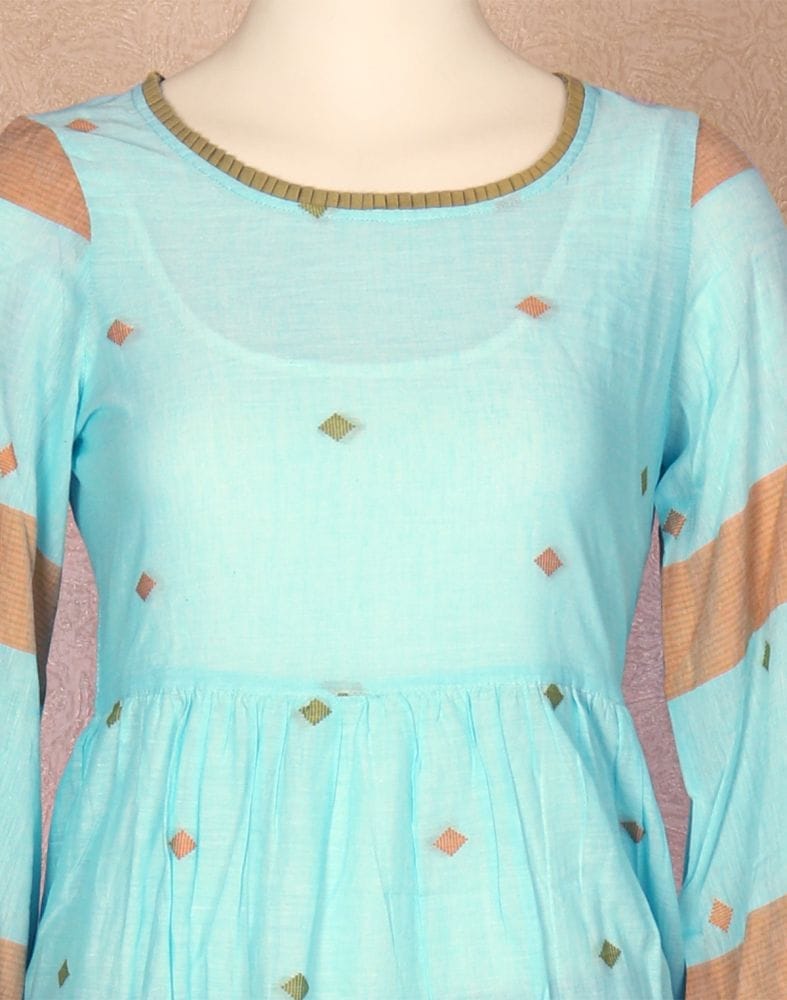 Collection of Sky Blue Geometric Pattern Cotton Kurti in a gallery layout