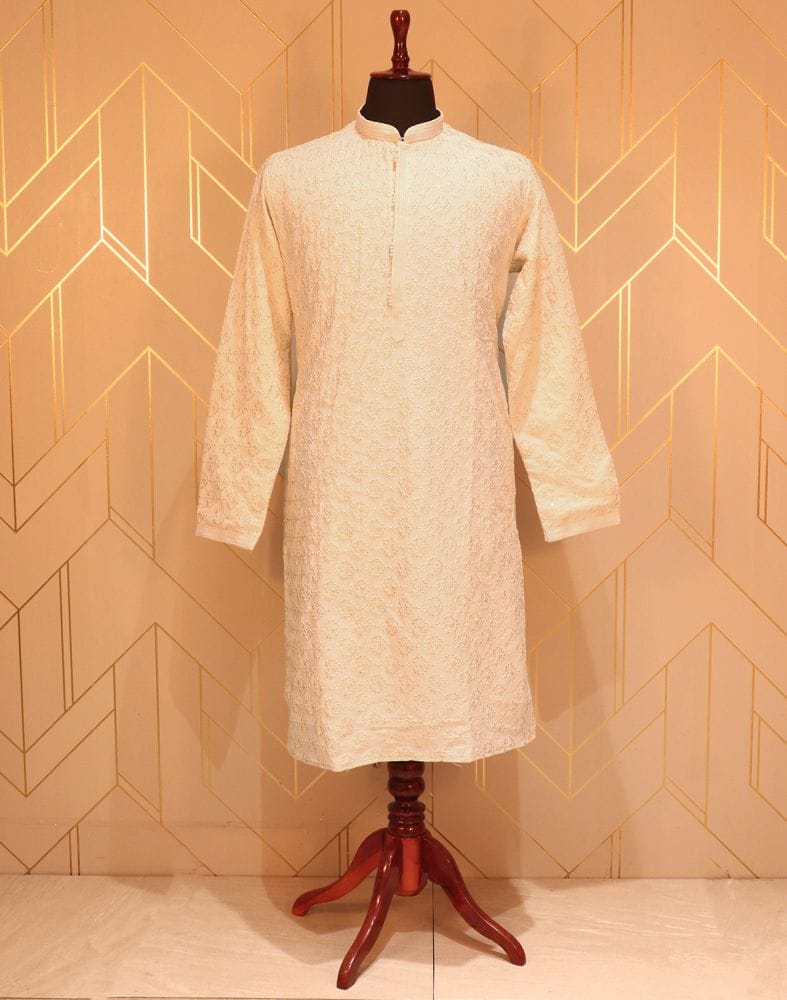 Collection of Cream Floral Chikankari Work Cotton Kurta Pyjama Set in a gallery layout