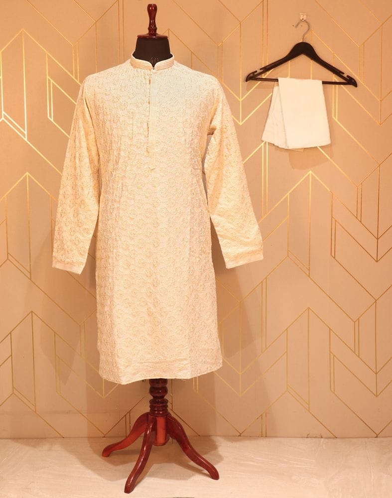 Collection of Cream Floral Chikankari Work Cotton Kurta Pyjama Set in a gallery layout