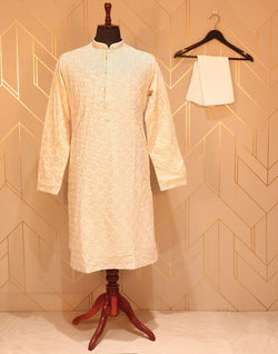 Collection of Cream Floral Chikankari Work Cotton Kurta Pyjama Set in a gallery layout