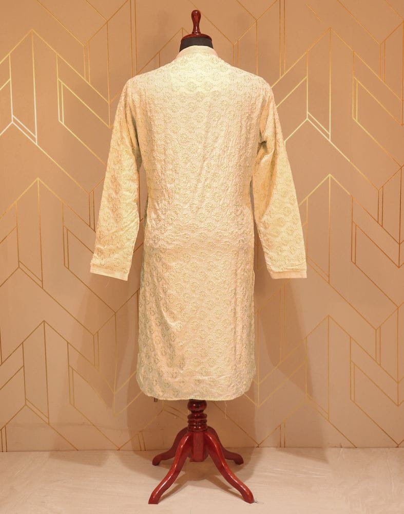 Collection of Cream Floral Chikankari Work Cotton Kurta Pyjama Set in a gallery layout