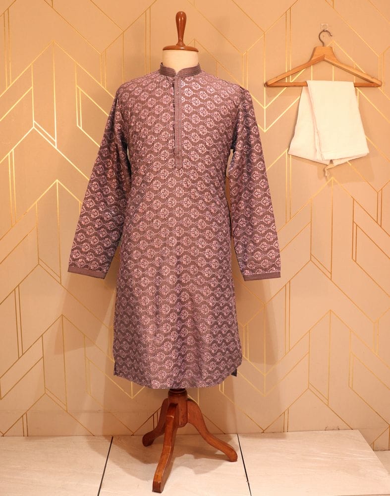 Light Pink Floral Chikankari Work Lucknowi Kurta Pyjama Set