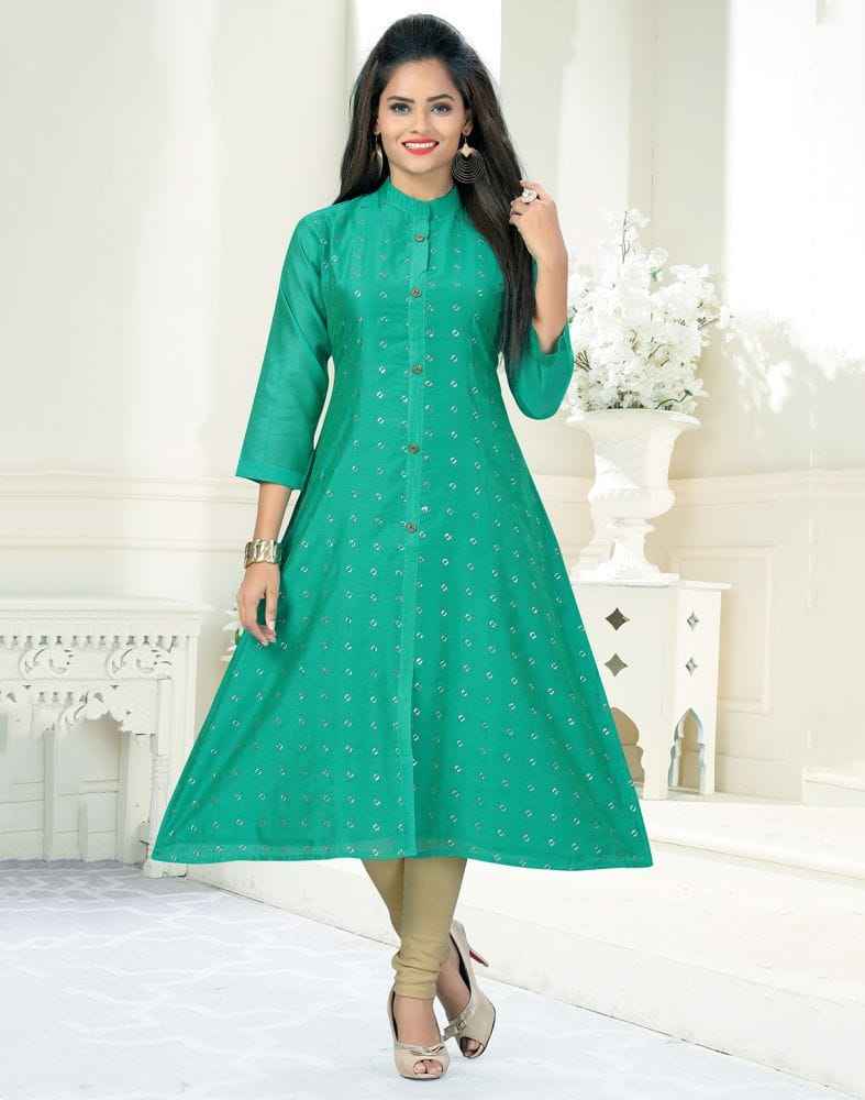 Green Colour Chanderi Fabric Embellished Kurti