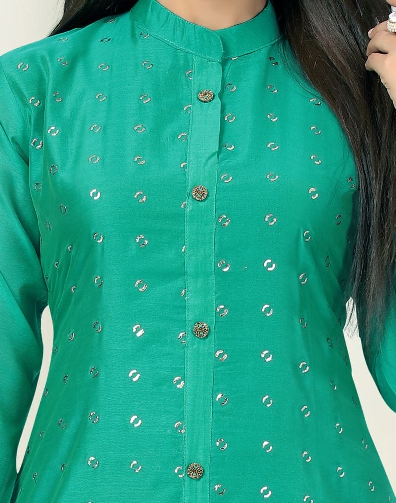 Collection of Green Colour Chanderi Fabric Embellished Kurti in a gallery layout