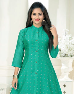 Collection of Green Colour Chanderi Fabric Embellished Kurti in a gallery layout