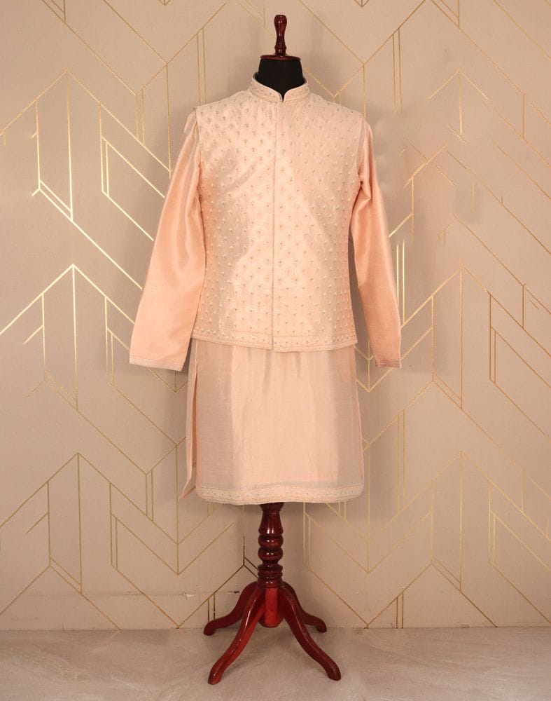 Collection of Peach Plain Matka Silk Kurta Jacket Set in a gallery layout