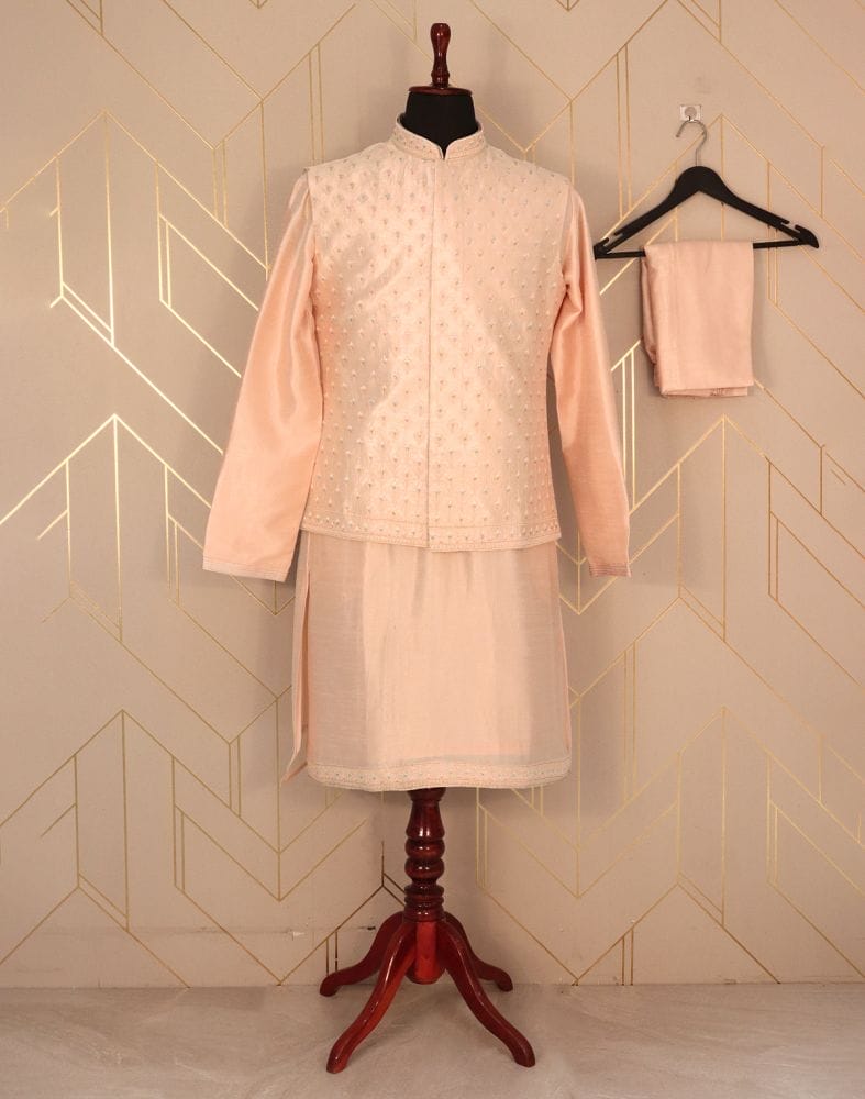 Collection of Peach Plain Matka Silk Kurta Jacket Set in a gallery layout