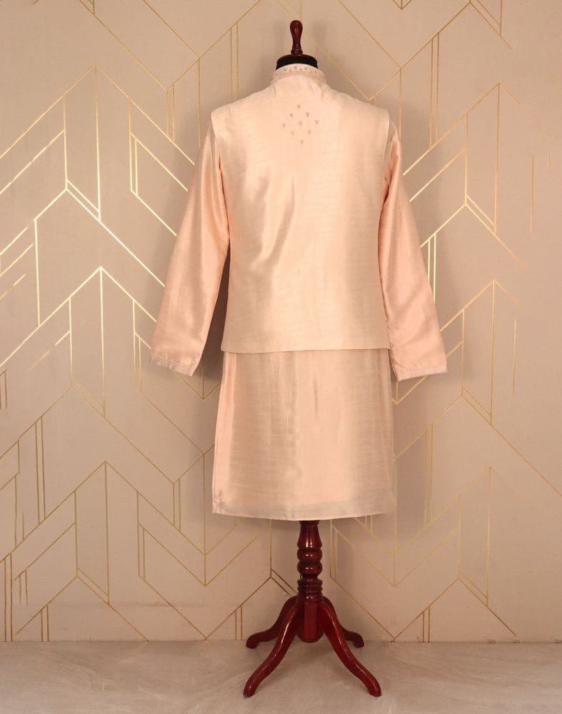 Collection of Peach Plain Matka Silk Kurta Jacket Set in a gallery layout