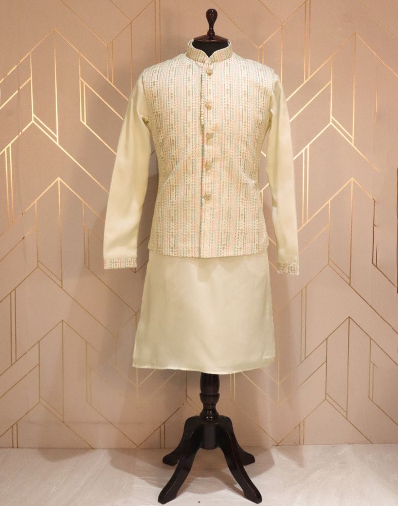 Collection of White Embellished Work Cotton Silk Kurta Jacket Set in a gallery layout