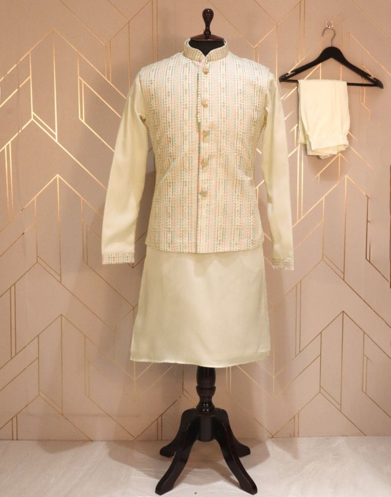 White Embellished Work Cotton Silk Kurta Jacket Set