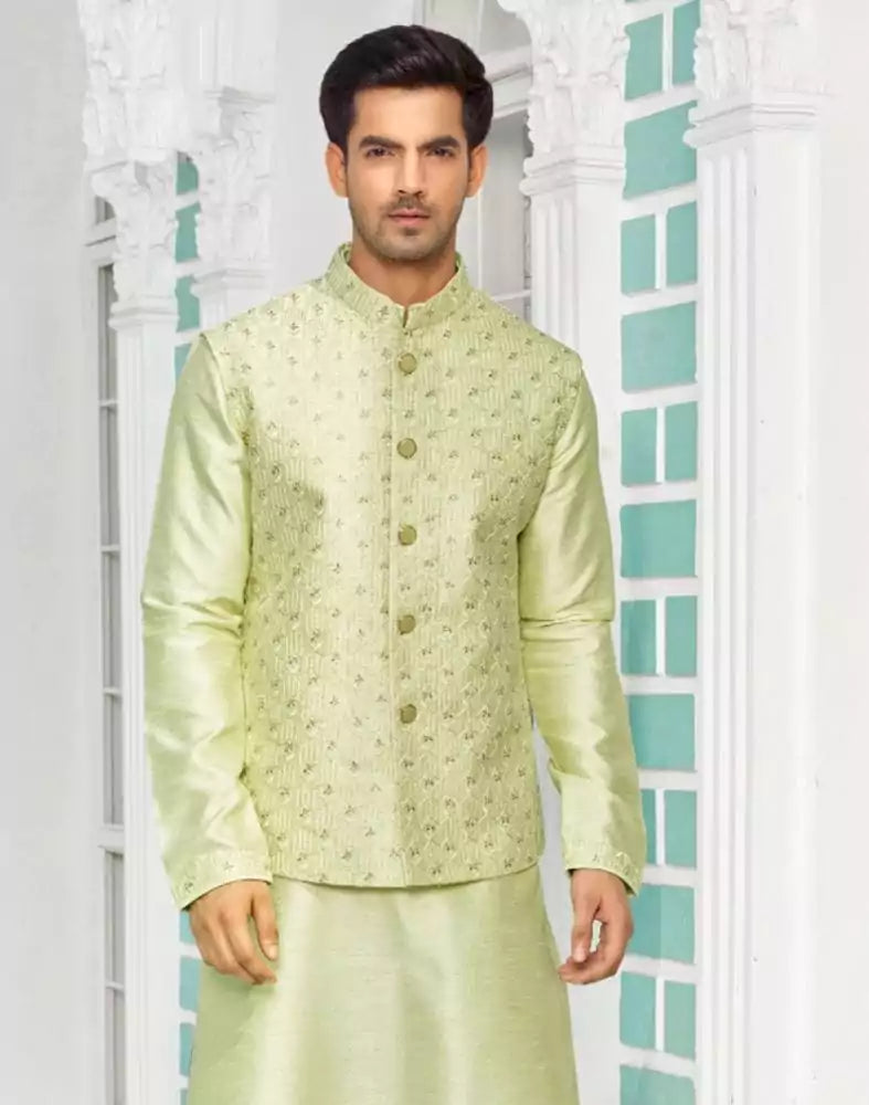 Collection of Decent Pista Green Raw Silk Embellished work Kurta Jacket Set in a gallery layout