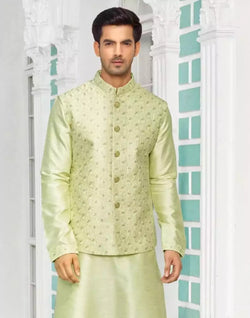 Collection of Decent Pista Green Raw Silk Embellished work Kurta Jacket Set in a gallery layout